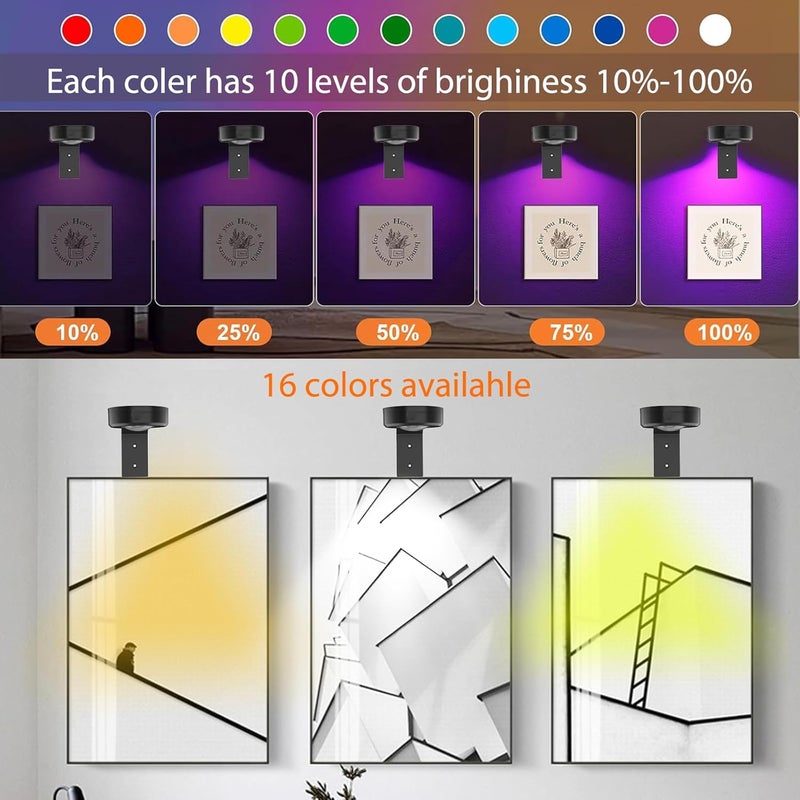 VIGMOJ 3Pcs Picture Lights for Wall, 16 Lighting Modes Magnetic Art Display Light for Paintings with Remote Control Dimmable & Timer, Wireless Wall Decor Puck Light, Black - Image 3